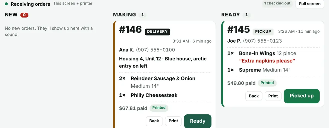 The TIKT orders screen: new, making and ready columns with order tickets, delivery address, items and a Picked up button.