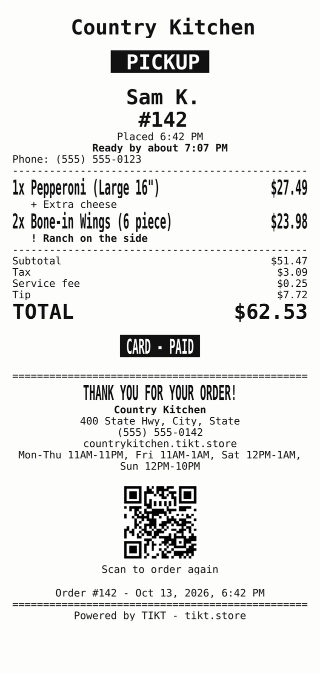 A TIKT kitchen ticket for a restaurant pickup order with the items in large print and CARD - PAID